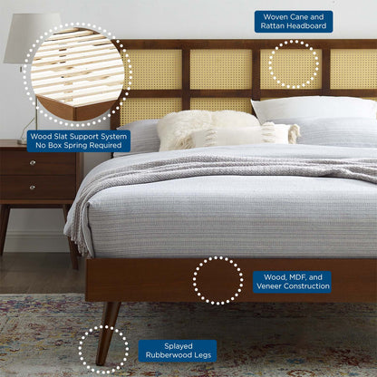 Sidney Cane and Wood Queen Platform Bed With Splayed Legs, Wood, Brown Walnut, 22205