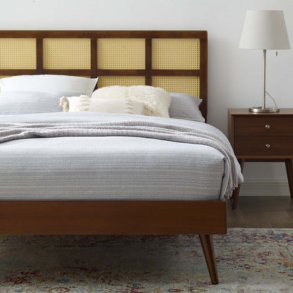 Sidney Cane and Wood Queen Platform Bed With Splayed Legs, Wood, Brown Walnut, 22205