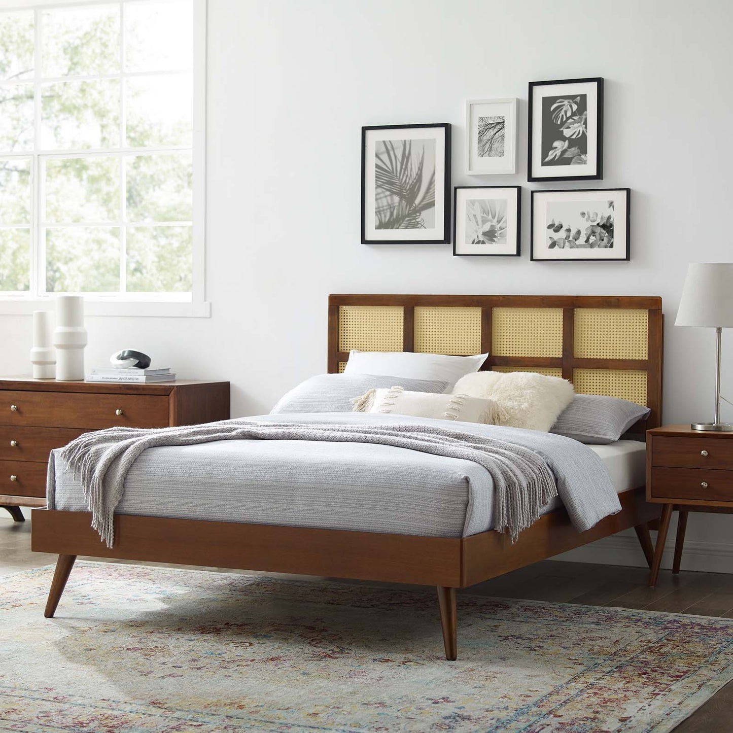 Sidney Cane and Wood Queen Platform Bed With Splayed Legs, Wood, Brown Walnut, 22205