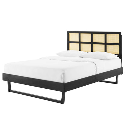 Sidney Cane and Wood Full Platform Bed With Angular Legs, Wood, Black, 22206
