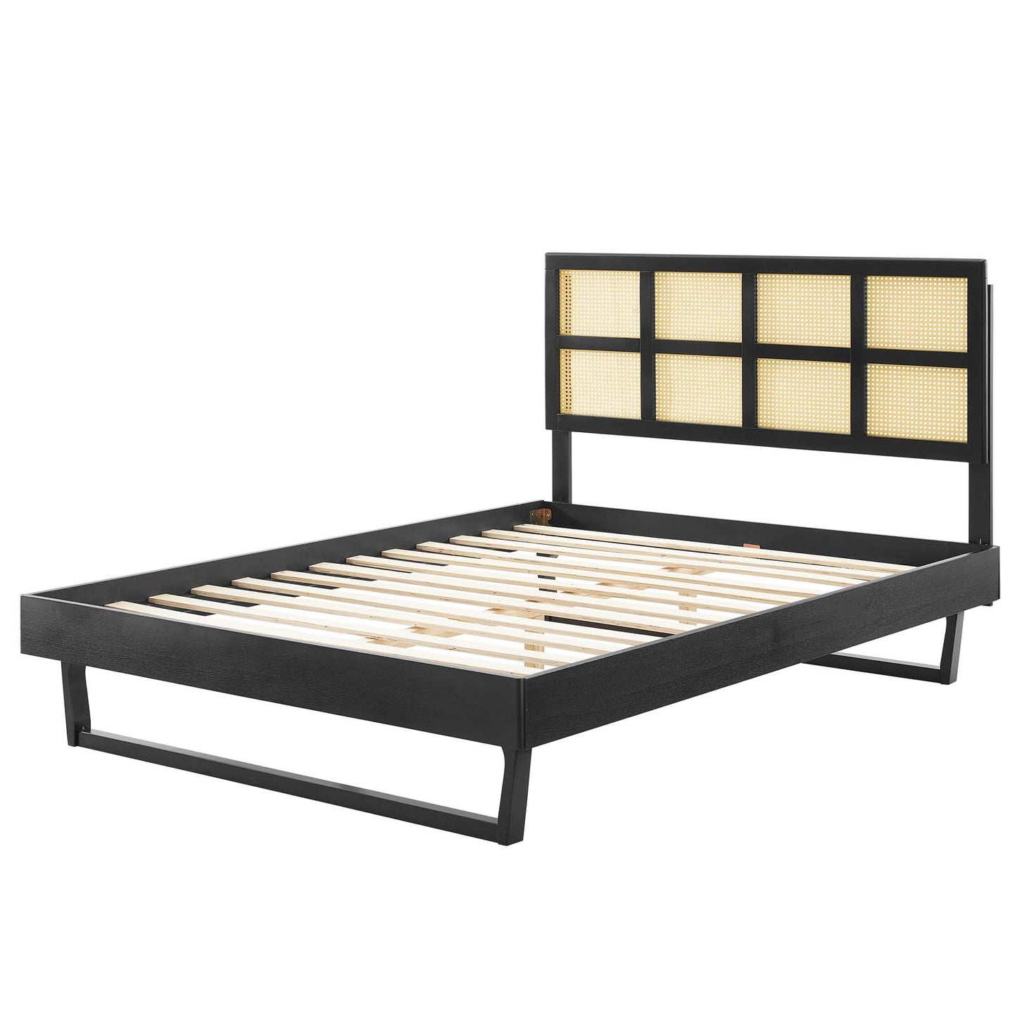 Sidney Cane and Wood Full Platform Bed With Angular Legs, Wood, Black, 22206