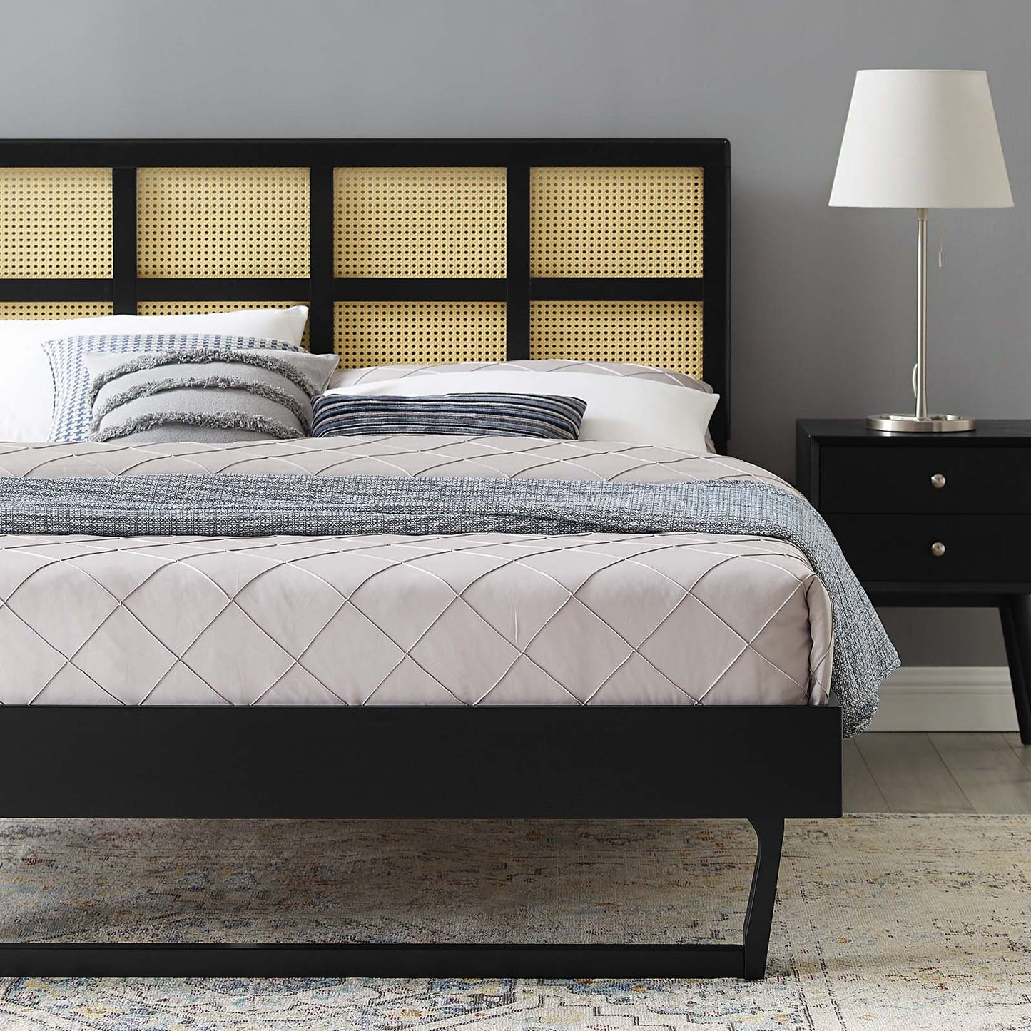 Sidney Cane and Wood Full Platform Bed With Angular Legs, Wood, Black, 22206