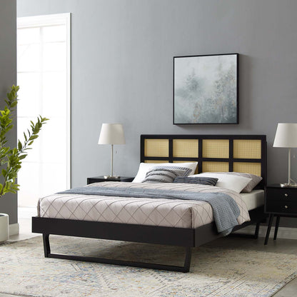 Sidney Cane and Wood Full Platform Bed With Angular Legs, Wood, Black, 22206