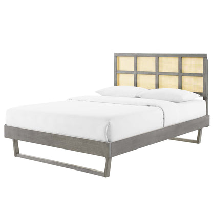 Sidney Cane and Wood Full Platform Bed With Angular Legs, Wood, Grey Gray, 22207