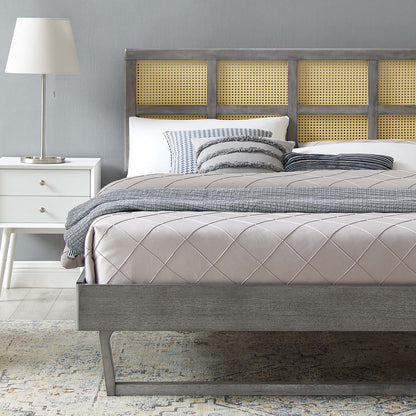 Sidney Cane and Wood Full Platform Bed With Angular Legs, Wood, Grey Gray, 22207