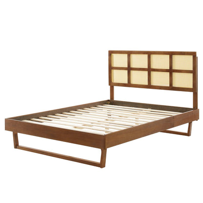 Sidney Cane and Wood Full Platform Bed With Angular Legs, Wood, Brown Walnut, 22208
