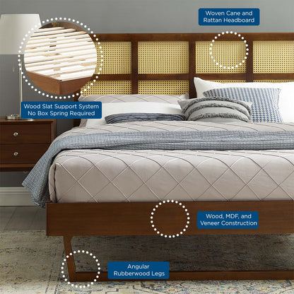 Sidney Cane and Wood Full Platform Bed With Angular Legs, Wood, Brown Walnut, 22208