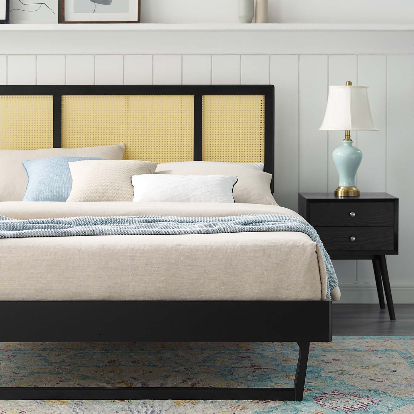 Kelsea Cane and Wood Queen Platform Bed With Angular Legs, Wood, Black, 22209