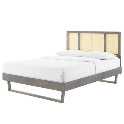 Kelsea Cane and Wood Queen Platform Bed With Angular Legs, Wood, Grey Gray, 22210