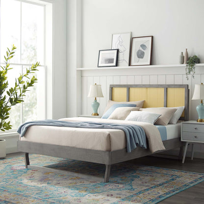 Kelsea Cane and Wood Queen Platform Bed With Angular Legs, Wood, Grey Gray, 22210