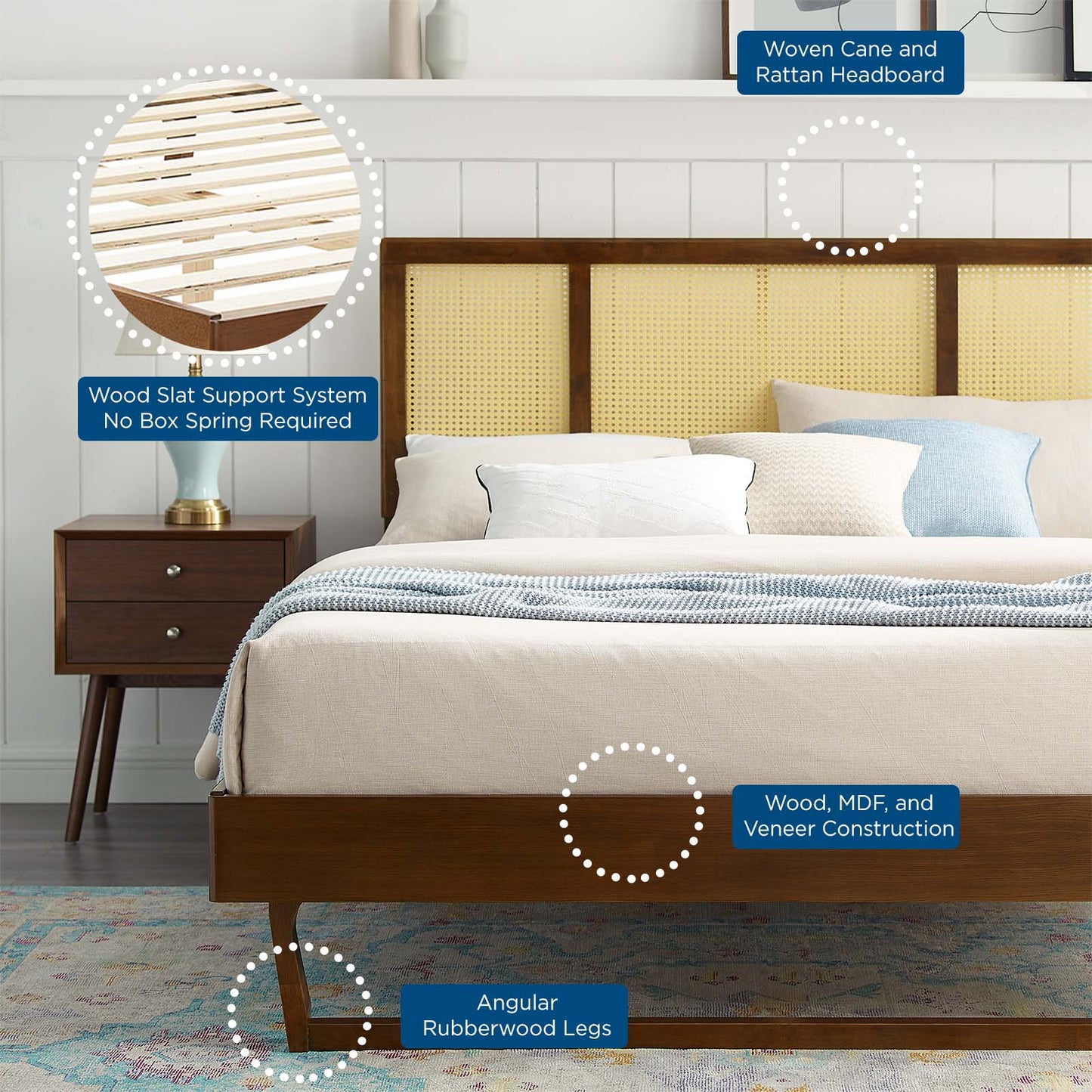 Kelsea Cane and Wood Queen Platform Bed With Angular Legs, Wood, Brown Walnut, 22211