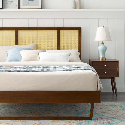 Kelsea Cane and Wood Queen Platform Bed With Angular Legs, Wood, Brown Walnut, 22211