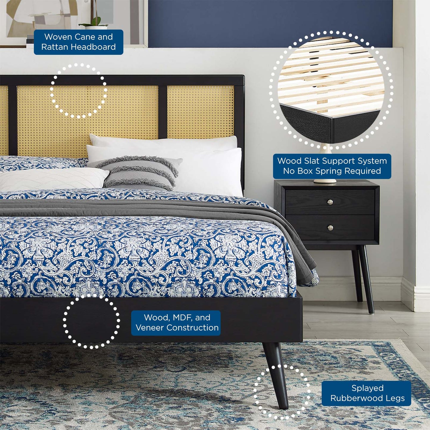 Kelsea Cane and Wood Queen Platform Bed With Splayed Legs, Wood, Black, 22212