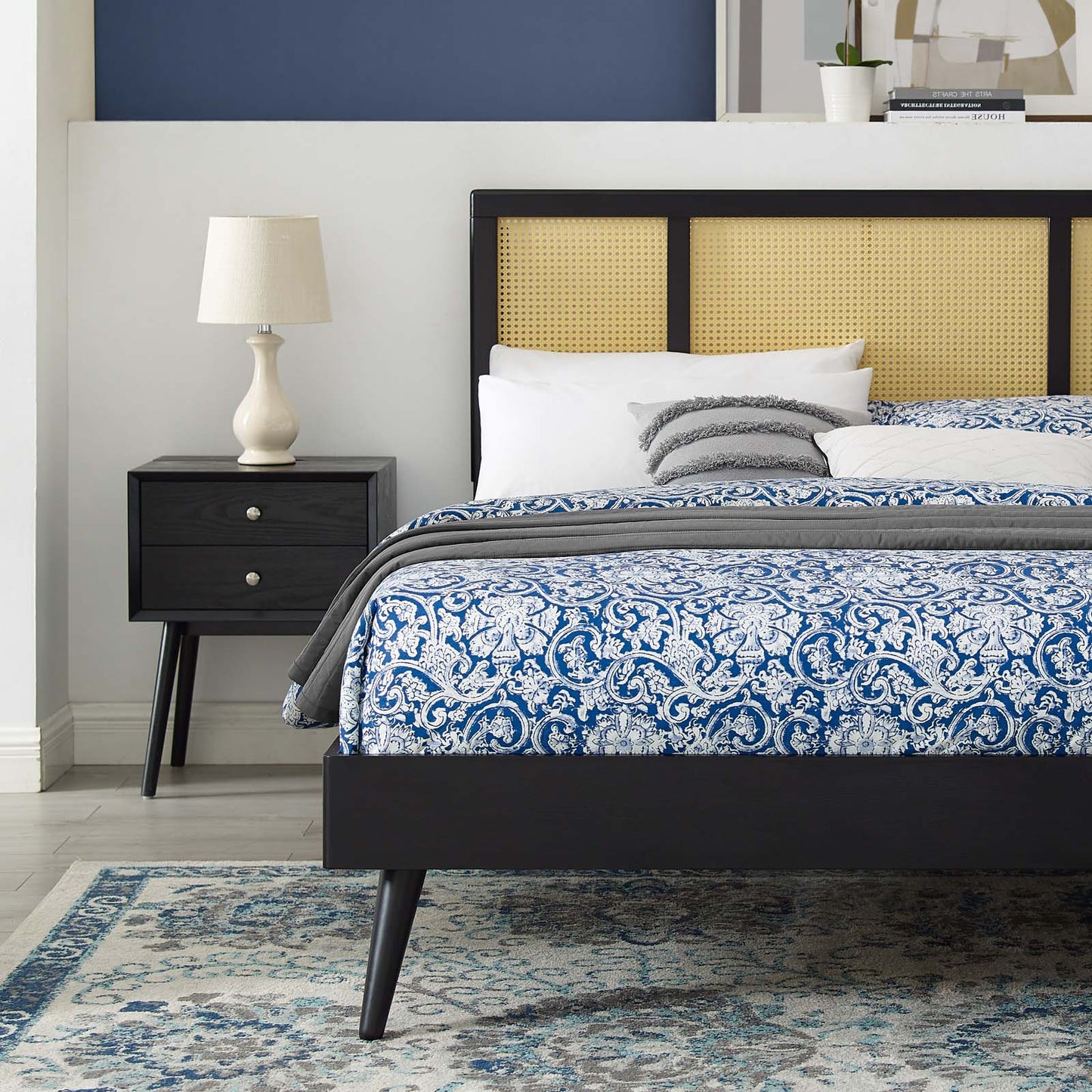 Kelsea Cane and Wood Queen Platform Bed With Splayed Legs, Wood, Black, 22212
