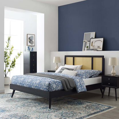 Kelsea Cane and Wood Queen Platform Bed With Splayed Legs, Wood, Black, 22212