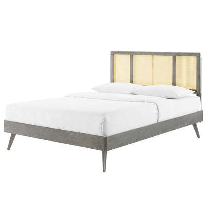 Kelsea Cane and Wood Queen Platform Bed With Splayed Legs, Wood, Grey Gray, 22213