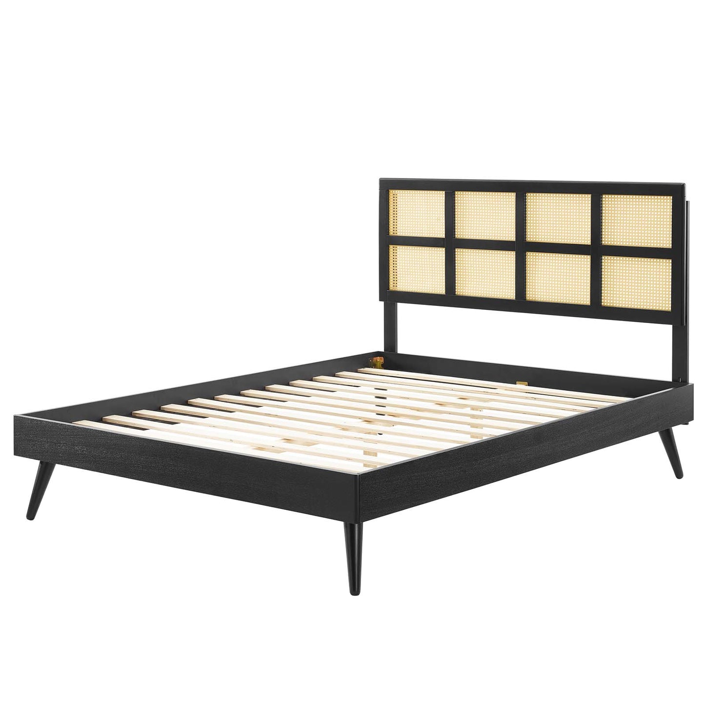 Sidney Cane and Wood Full Platform Bed With Splayed Legs, Wood, Black, 22215