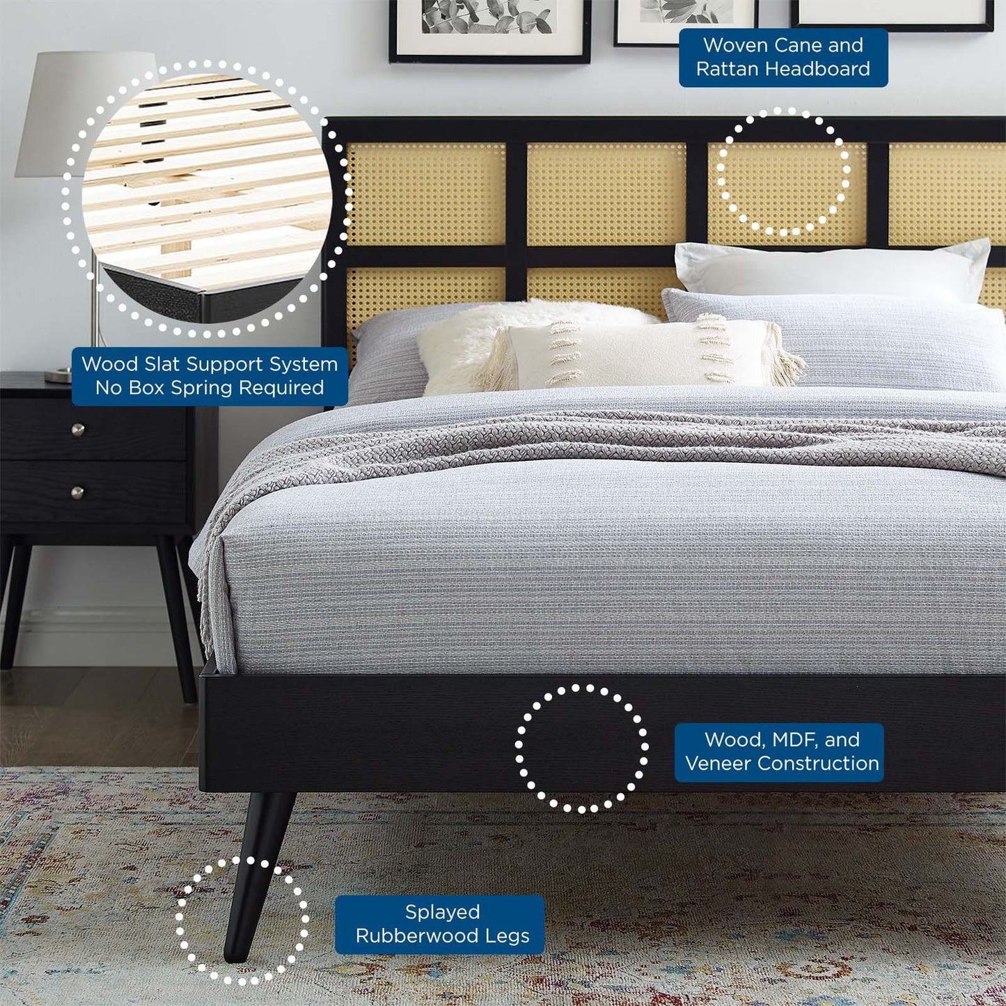 Sidney Cane and Wood Full Platform Bed With Splayed Legs, Wood, Black, 22215