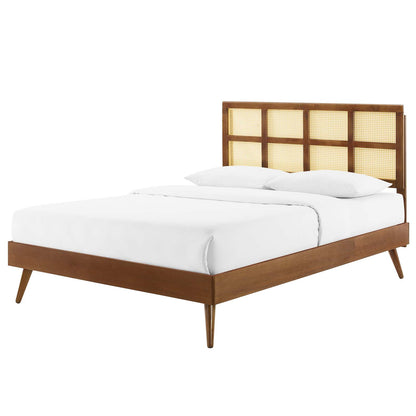 Sidney Cane and Wood Full Platform Bed With Splayed Legs, Wood, Brown Walnut, 22217