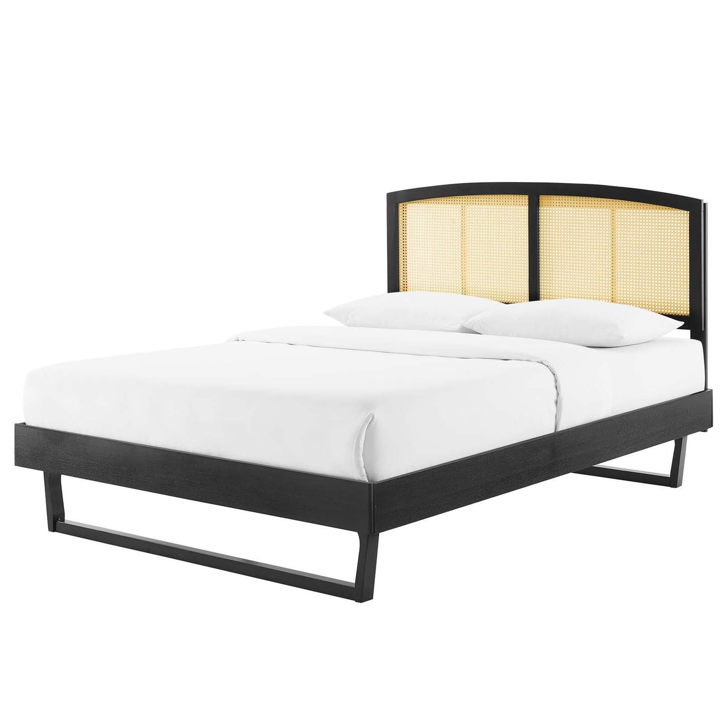 Sierra Cane and Wood Queen Platform Bed With Angular Legs, Wood, Black, 22218