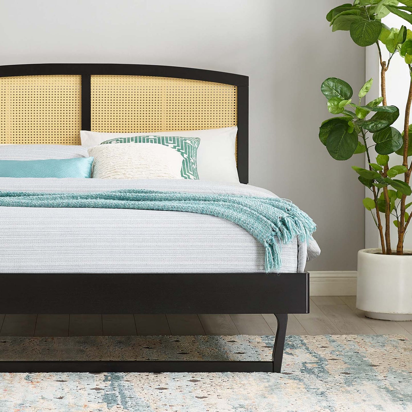 Sierra Cane and Wood Queen Platform Bed With Angular Legs, Wood, Black, 22218