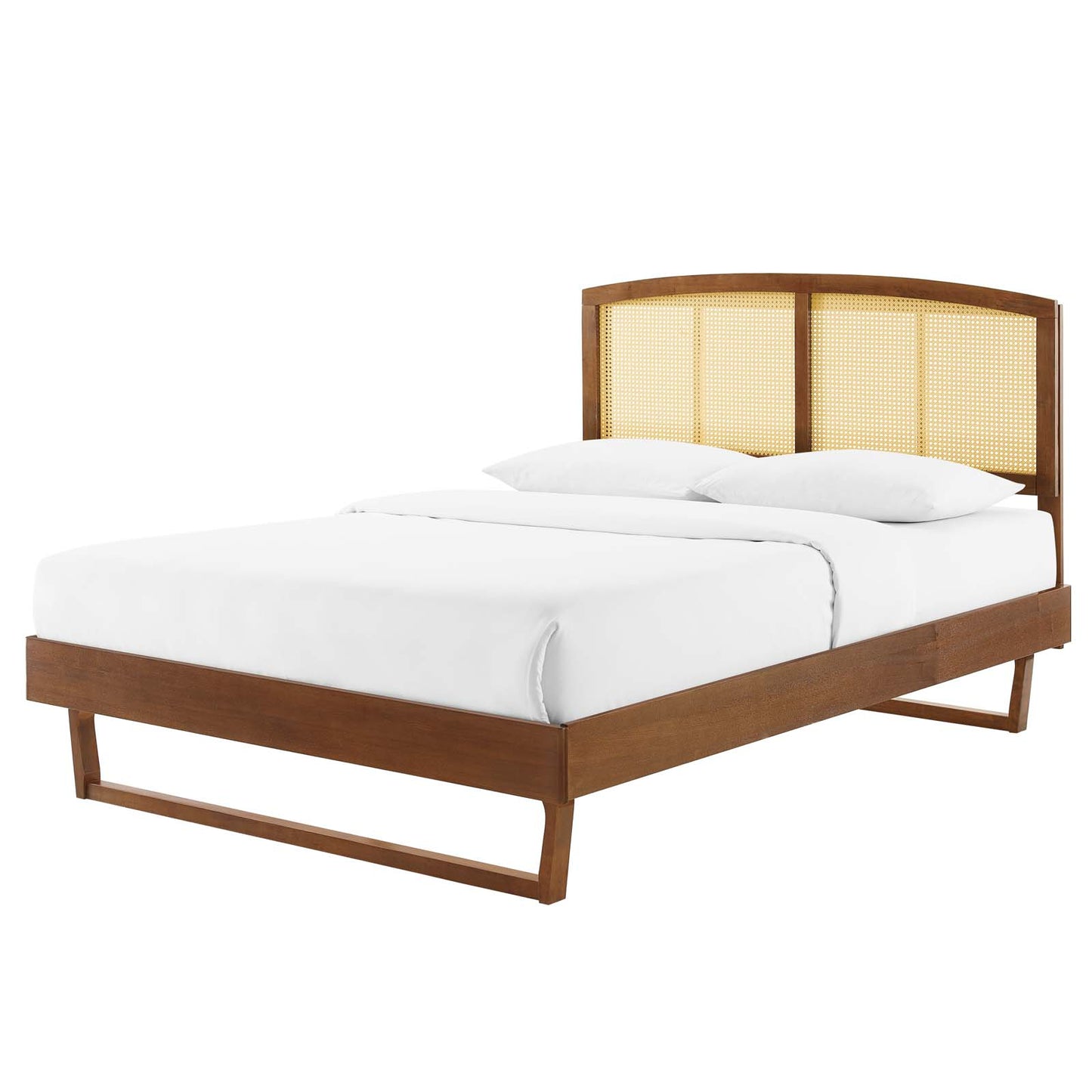 Sierra Cane and Wood Queen Platform Bed With Angular Legs, Wood, Brown Walnut, 22220