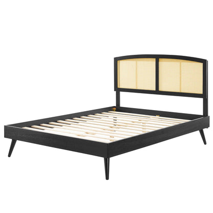 Sierra Cane and Wood Queen Platform Bed With Splayed Legs, Wood, Black, 22221