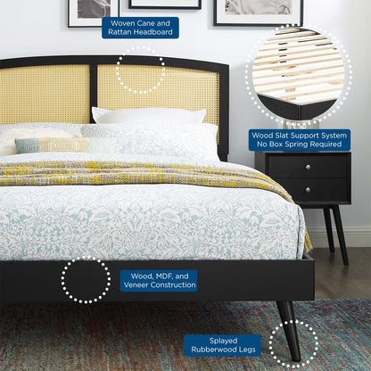 Sierra Cane and Wood Queen Platform Bed With Splayed Legs, Wood, Black, 22221