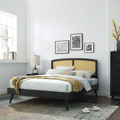 Sierra Cane and Wood Queen Platform Bed With Splayed Legs, Wood, Black, 22221