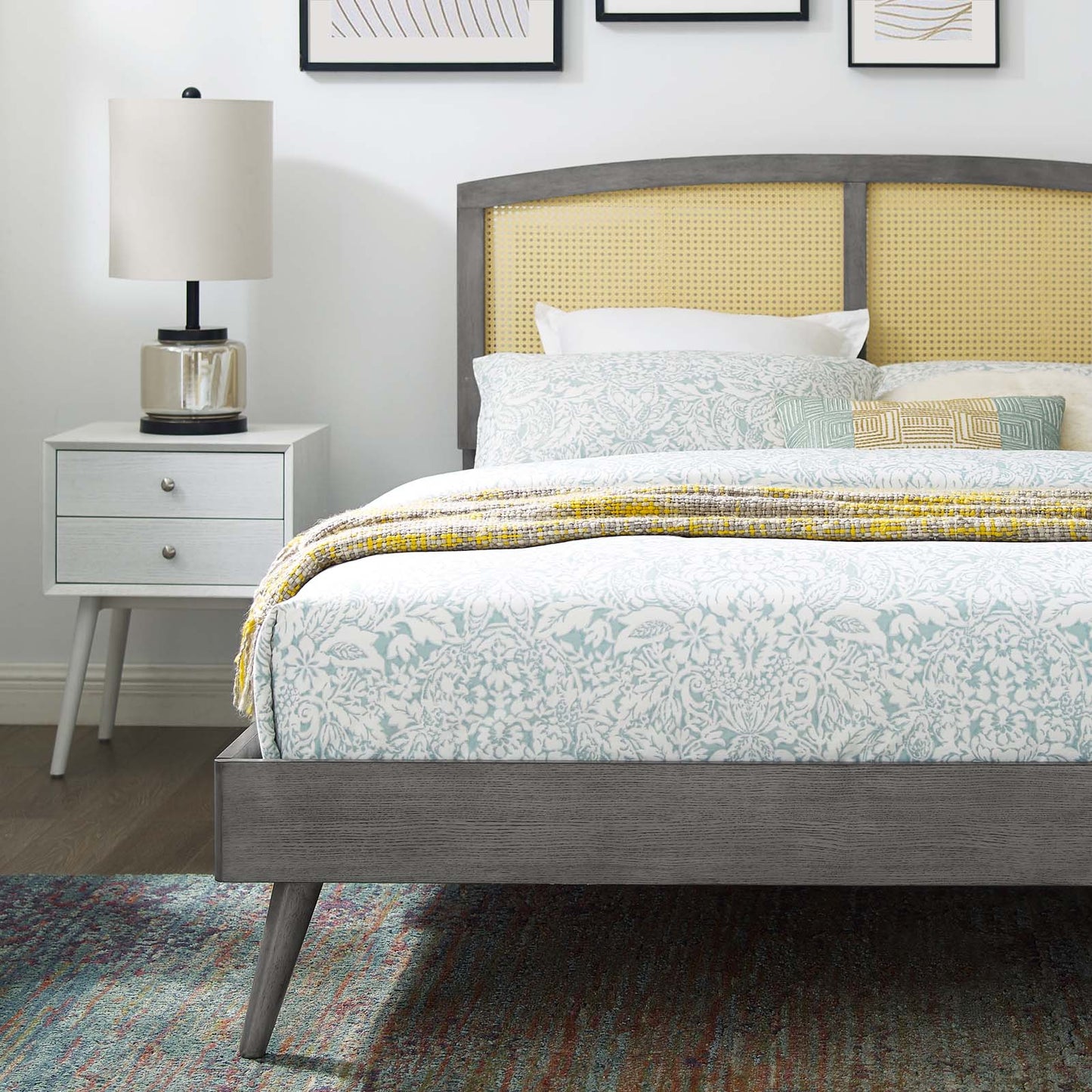 Sierra Cane and Wood Queen Platform Bed With Splayed Legs, Wood, Grey Gray, 22222