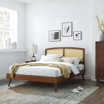 Sierra Cane and Wood Queen Platform Bed With Splayed Legs, Wood, Brown Walnut, 22223