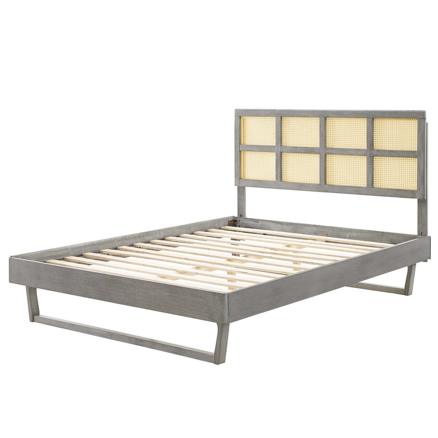 Sidney Cane and Wood King Platform Bed With Angular Legs, Wood, Grey Gray, 22225