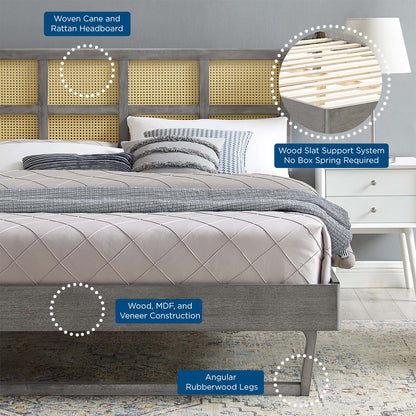 Sidney Cane and Wood King Platform Bed With Angular Legs, Wood, Grey Gray, 22225