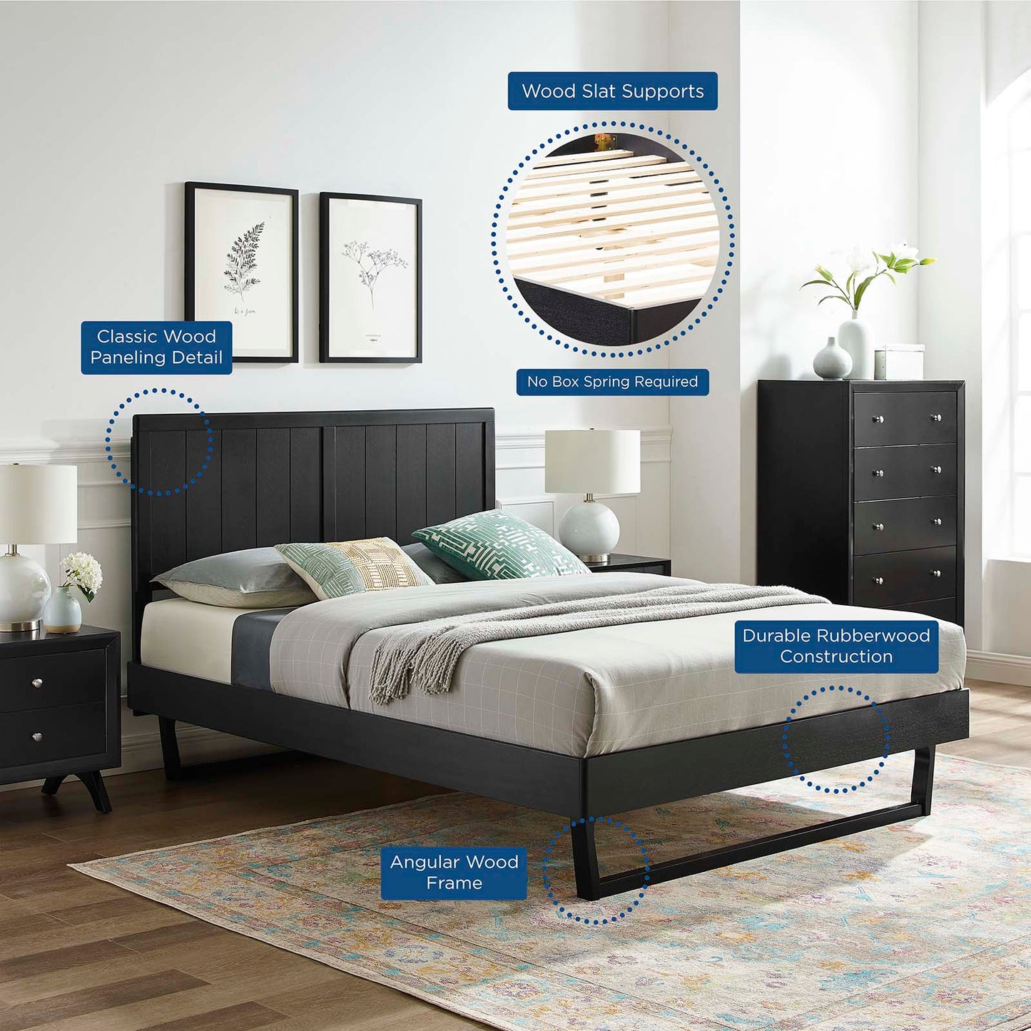 Alana Queen Wood Platform Bed With Angular Frame, Wood, Black, 22227