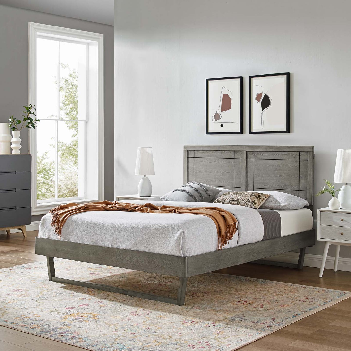 Marlee Queen Wood Platform Bed With Angular Frame, Wood, Grey Gray, 22234