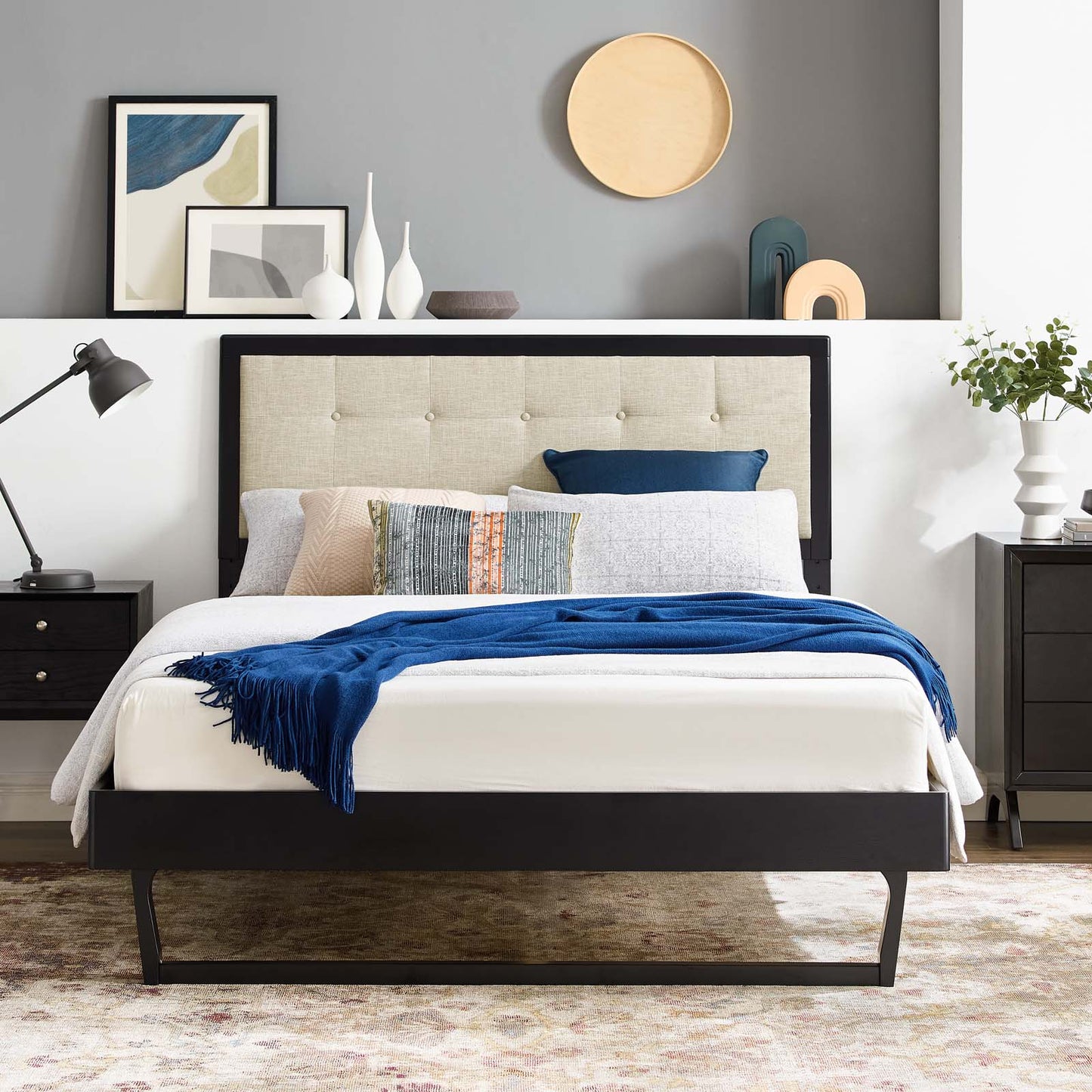 Willow Queen Wood Platform Bed With Angular Frame, Fabric, Wood, Black Beige, 22239