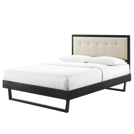 Willow Queen Wood Platform Bed With Angular Frame, Fabric, Wood, Black Beige, 22239
