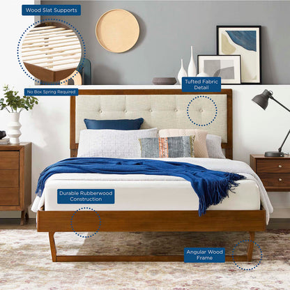 Willow Queen Wood Platform Bed With Angular Frame, Fabric, Wood, Brown Walnut Beige, 22243