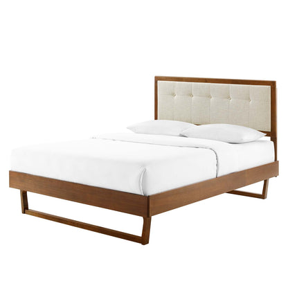 Willow Queen Wood Platform Bed With Angular Frame, Fabric, Wood, Brown Walnut Beige, 22243
