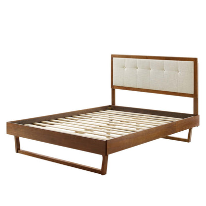 Willow Queen Wood Platform Bed With Angular Frame, Fabric, Wood, Brown Walnut Beige, 22243