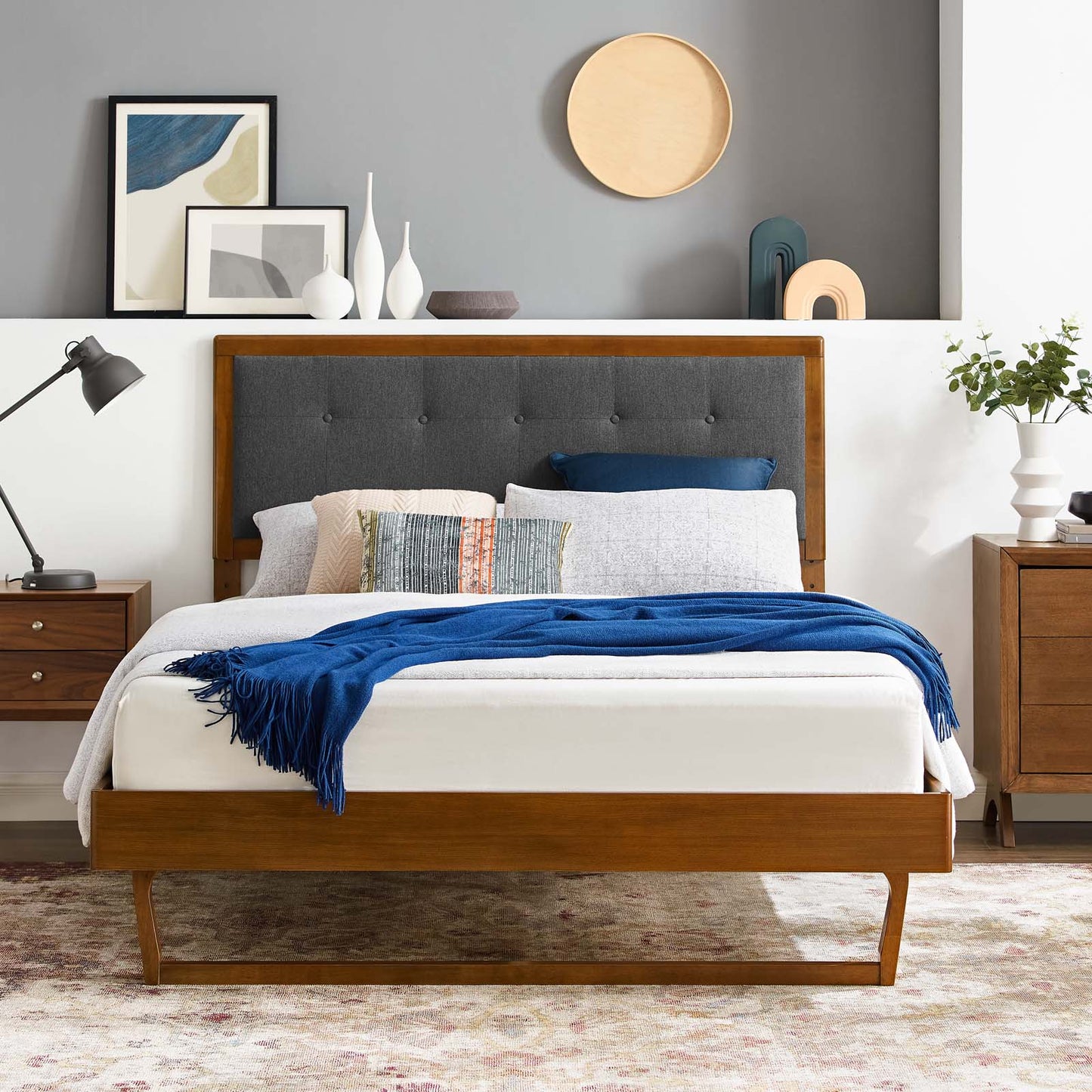 Willow Queen Wood Platform Bed With Angular Frame, Fabric, Wood, Brown Walnut Grey Gray, 22244
