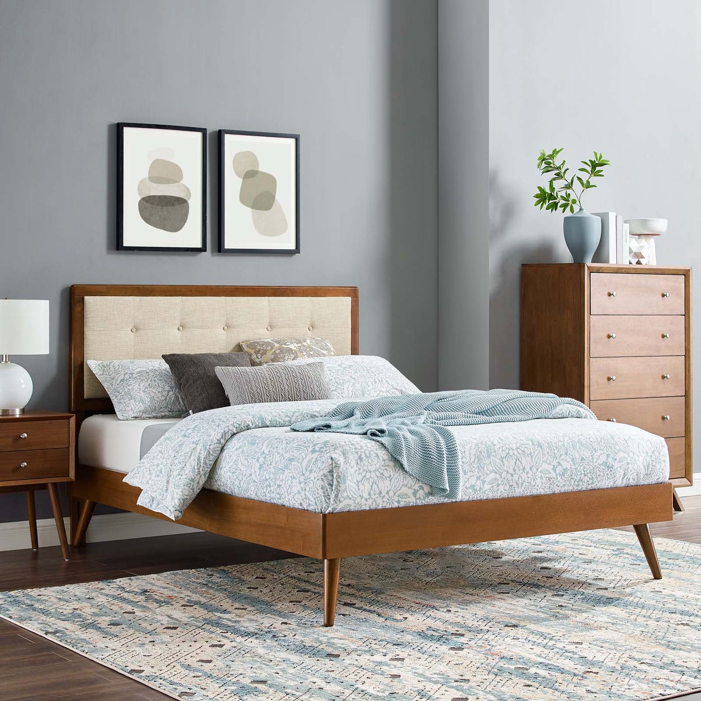Willow Queen Wood Platform Bed With Splayed Legs, Fabric, Wood, Brown Walnut Beige, 22249