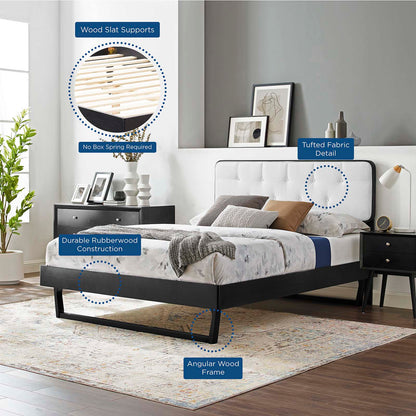 Bridgette Queen Wood Platform Bed With Angular Frame, Fabric, Wood, Black White, 22252