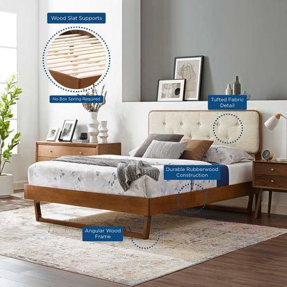 Bridgette Queen Wood Platform Bed With Angular Frame, Fabric, Wood, Brown Walnut Beige, 22255