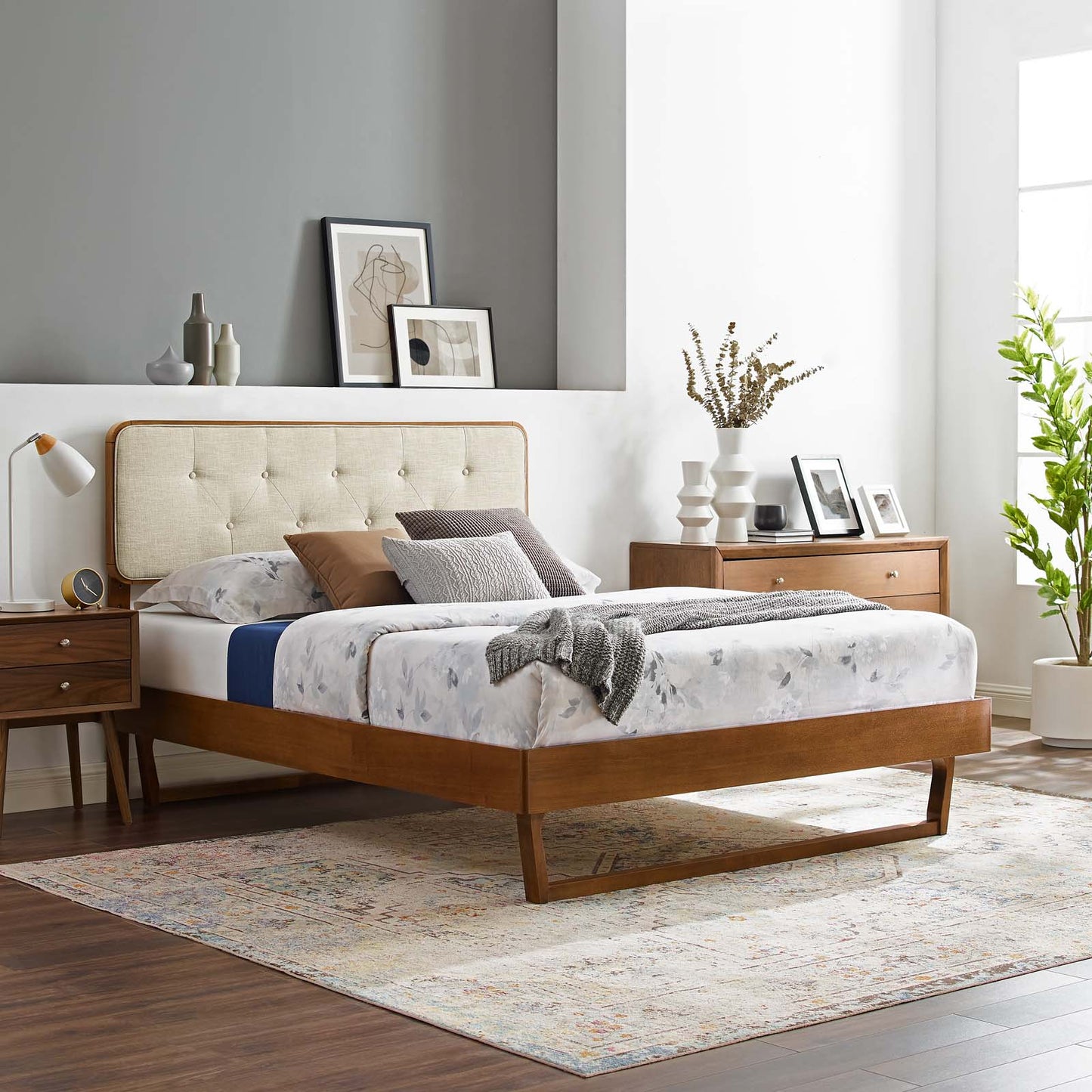 Bridgette Queen Wood Platform Bed With Angular Frame, Fabric, Wood, Brown Walnut Beige, 22255