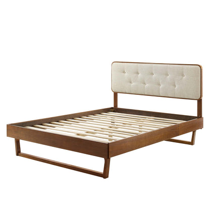Bridgette Queen Wood Platform Bed With Angular Frame, Fabric, Wood, Brown Walnut Beige, 22255