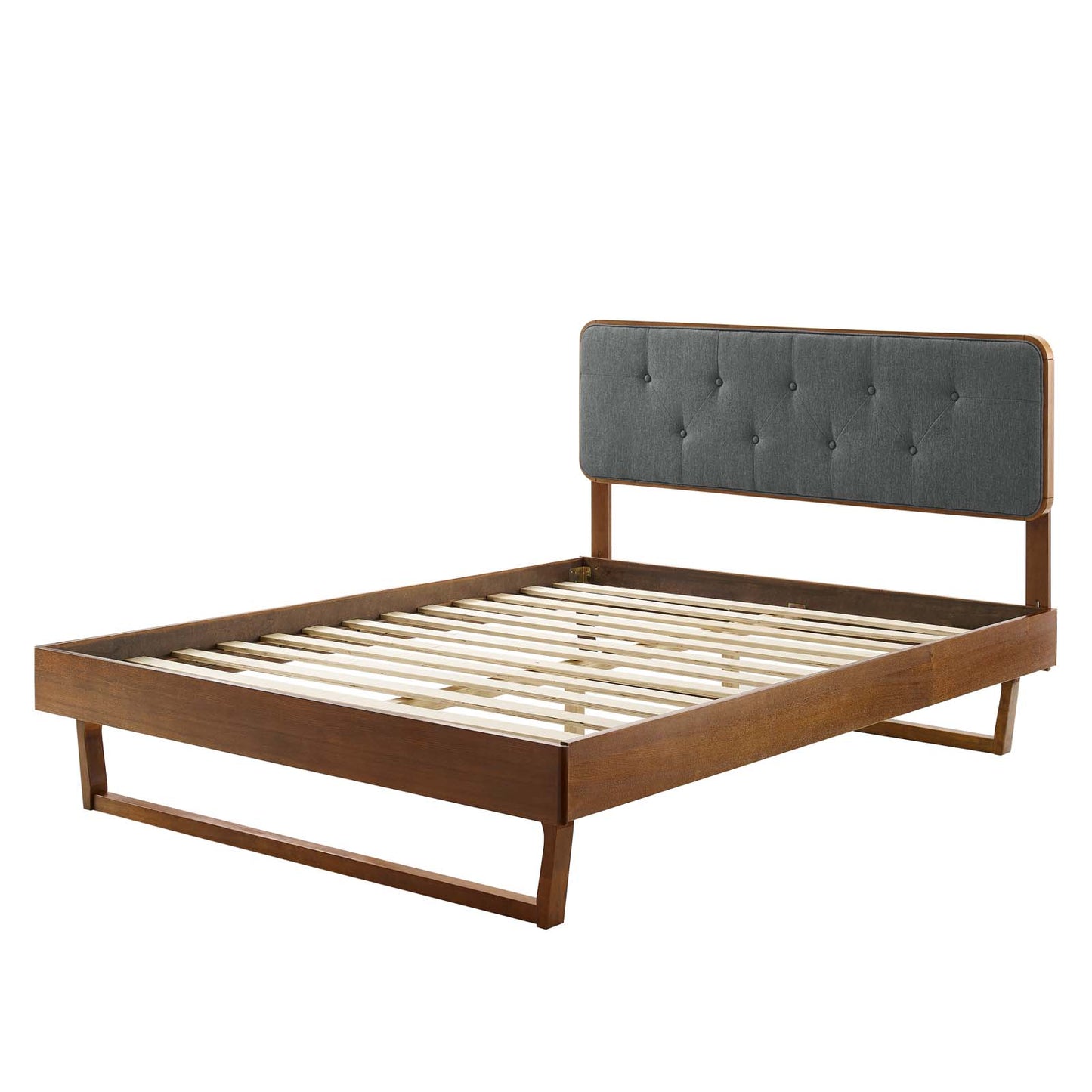 Bridgette Queen Wood Platform Bed With Angular Frame, Fabric, Wood, Brown Walnut Grey Gray, 22256