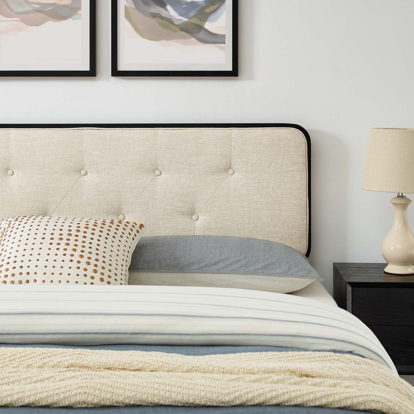 Bridgette Queen Wood Platform Bed With Splayed Legs, Fabric, Wood, Black Beige, 22257