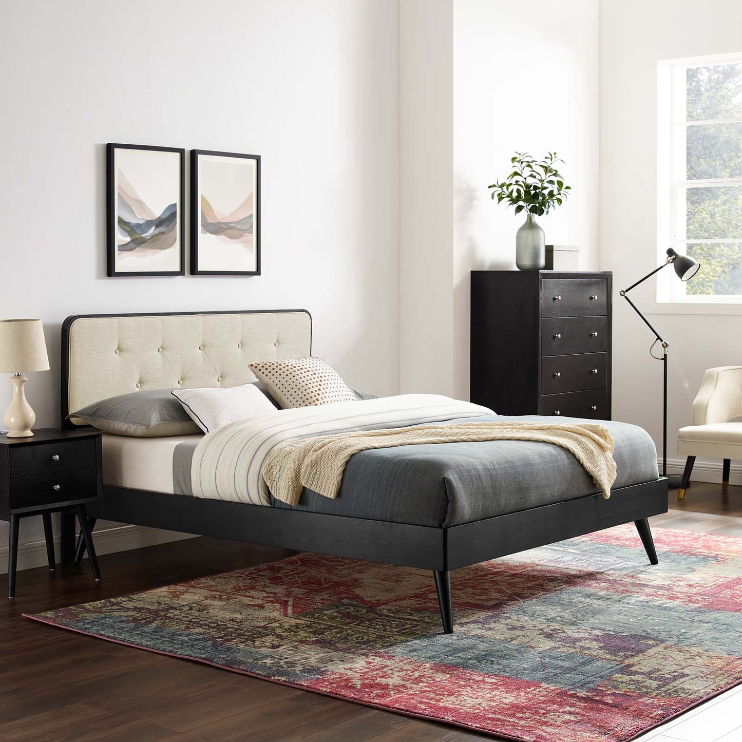 Bridgette Queen Wood Platform Bed With Splayed Legs, Fabric, Wood, Black Beige, 22257