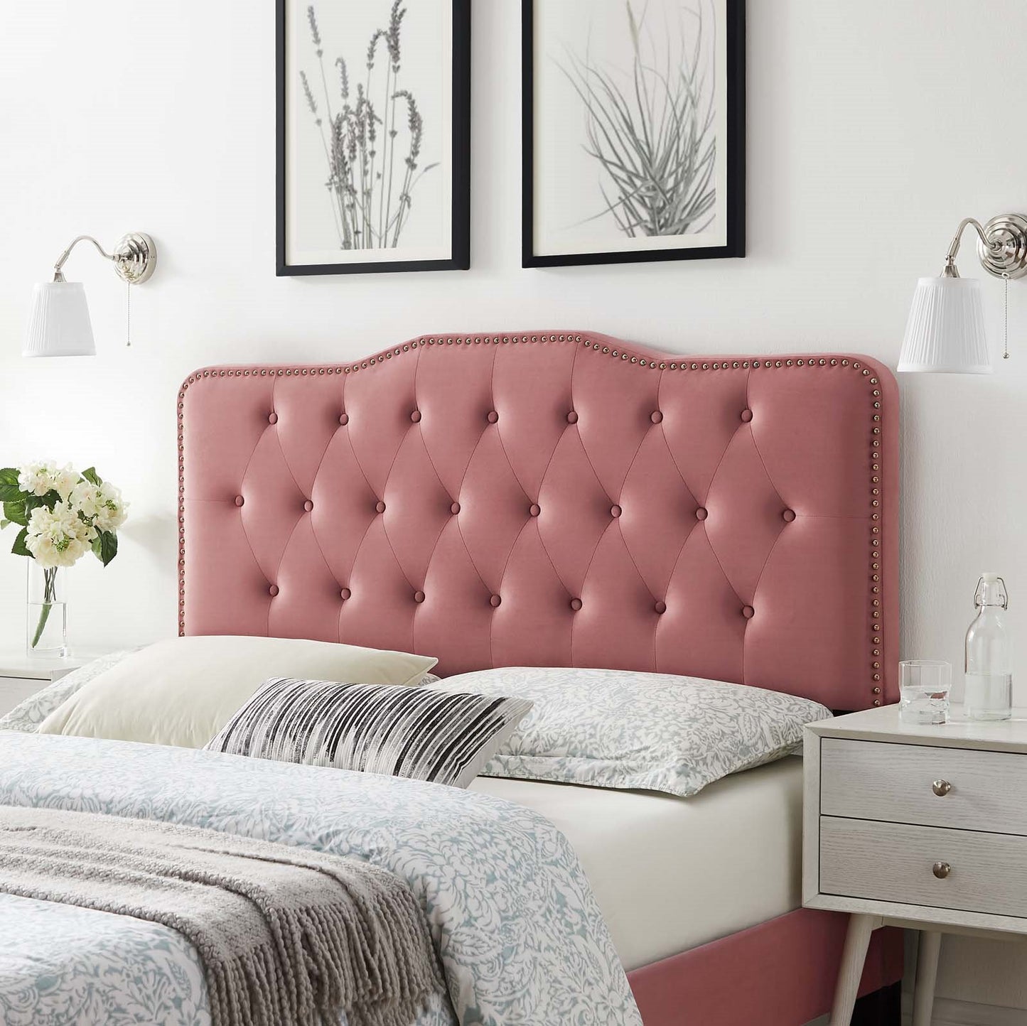 Sophia Tufted Performance Velvet Full/Queen Headboard, Velvet, Pink, 22272